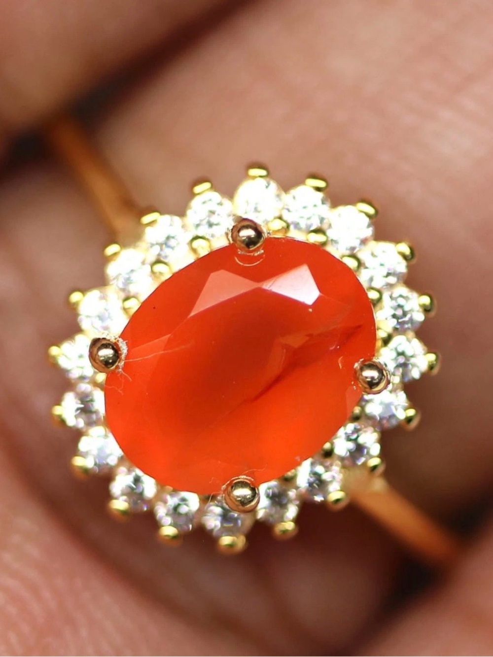 Natural Orange Carnelian 2.15CT w/Halo 18K Yellow Gold over 925 SS Ring Size 7